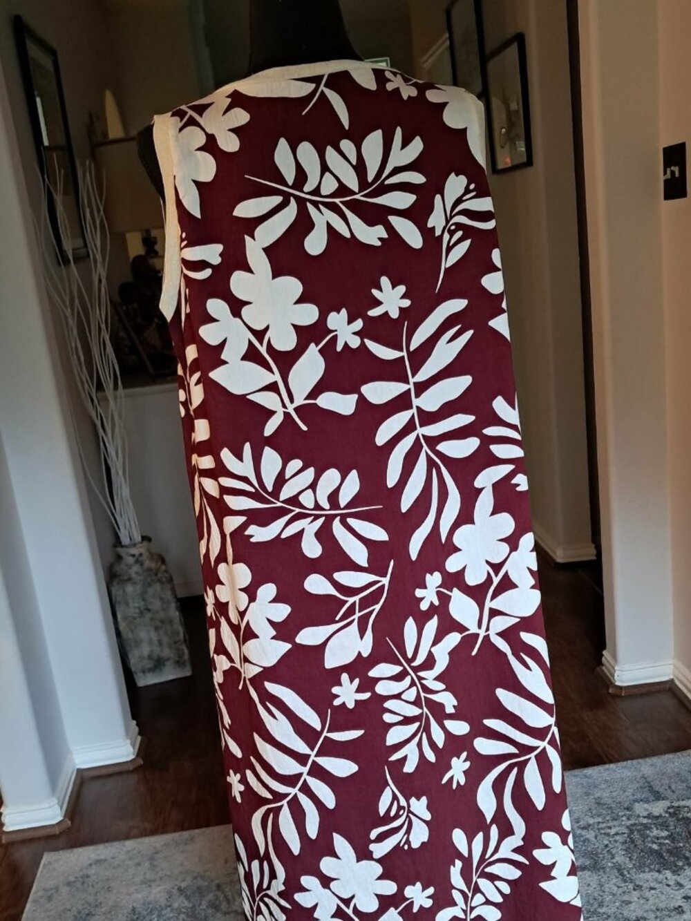 Burgundy & White Tropical Print Maxi Dress Sleeveless Summer Dress Size M/L - Picture 3 of 7